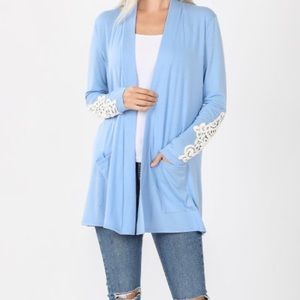 Jane Baby Blue Crochet Embroidered Sleeve Cardigan With Pockets•XL-2X